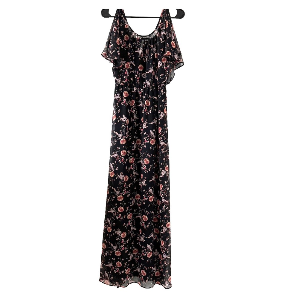 LC Lauren Conrad | Floral & Birds Maxi Dress Sz 4 Lined Cold Shoulder